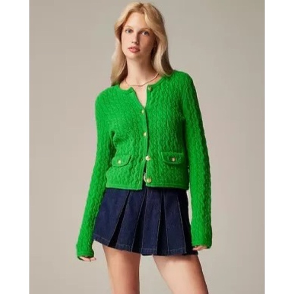 NWT!! J. CREW Odette Cable Knit Sweater Lady Jacket Cotton Blend Boucle Green XL - Picture 1 of 16